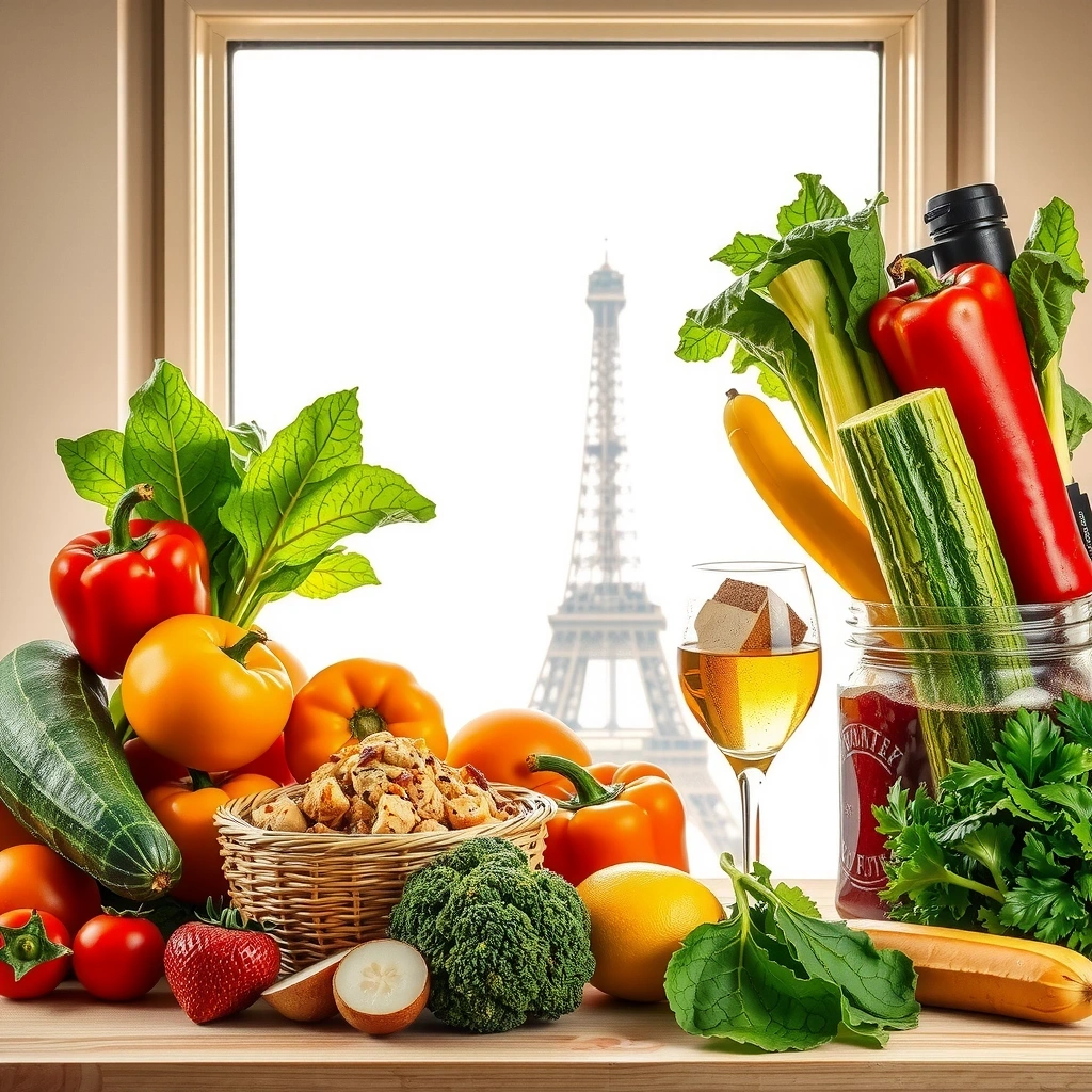 Fresh organic vegetables and Paris cityscape