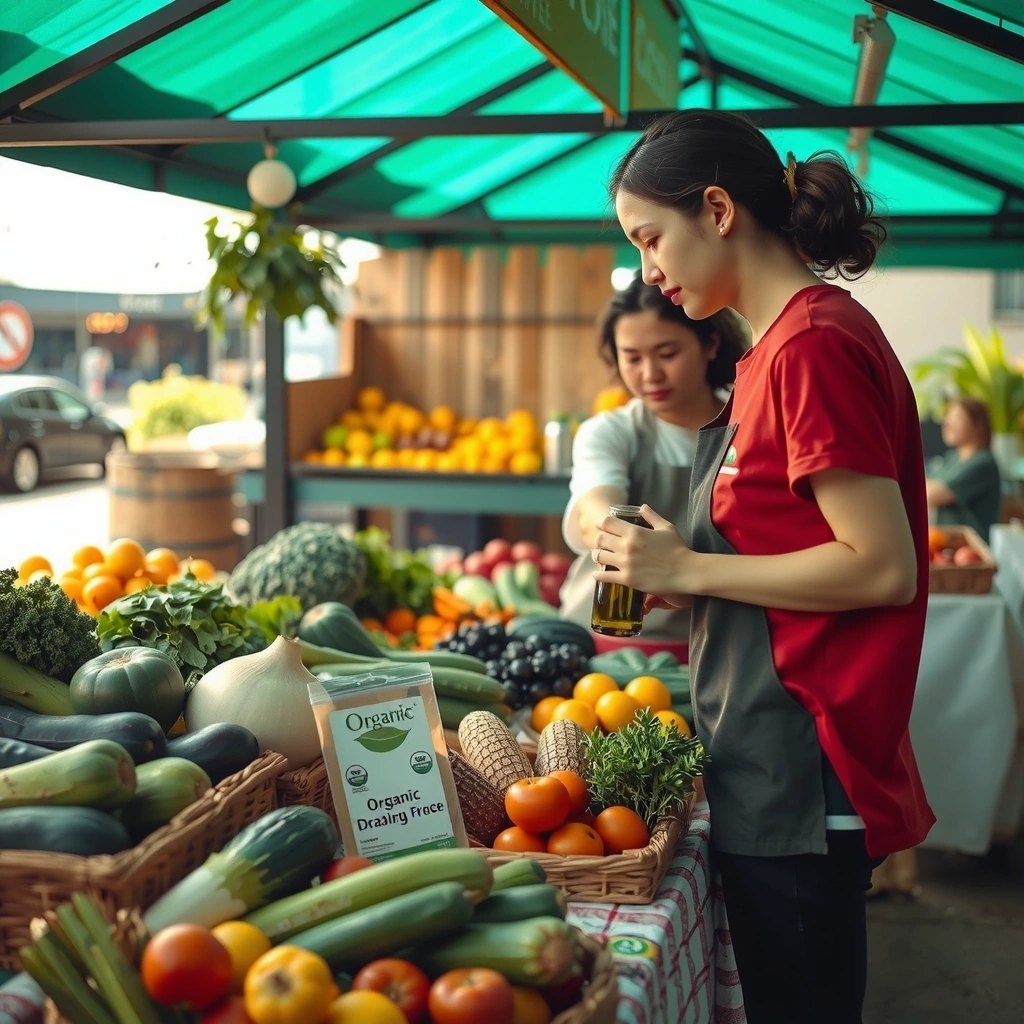 Marché bio avec produits locaux colorés